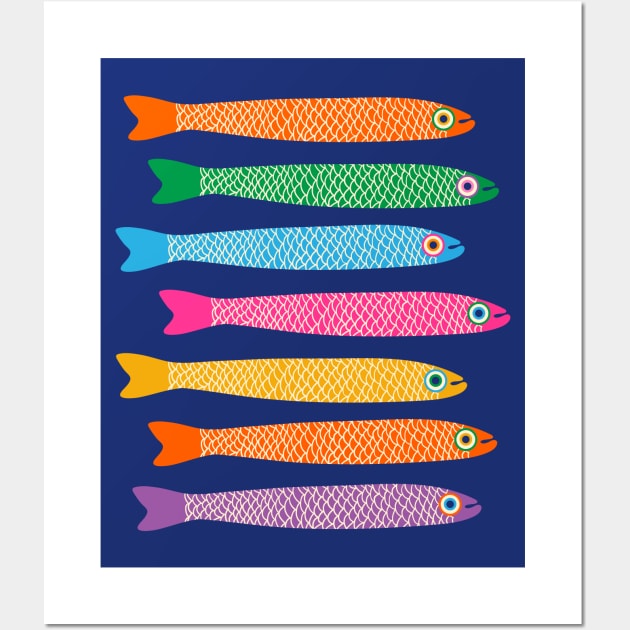 ANCHOVIES Bright Graphic Fun Groovy Fish in Rainbow Colors on Royal Blue - Horizontal Layout - UnBlink Studio by Jackie Tahara Wall Art by UnBlink Studio by Jackie Tahara